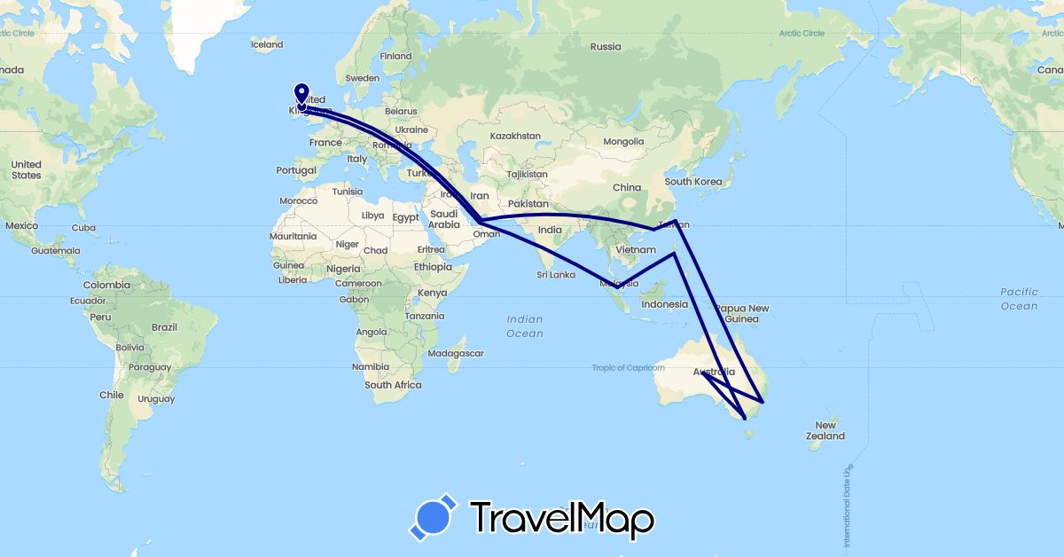 TravelMap itinerary: driving in United Arab Emirates, Australia, China, United Kingdom, Ireland, Malaysia, Philippines, Taiwan (Asia, Europe, Oceania)